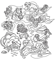 Alaskan animals. Black and white vector illustration