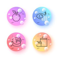 Brush, Medical food and Business vision minimal line icons. 3d spheres or balls buttons. Shopping icons. For web, application, printing. Art brush, Apple, Marketing mission. Gifts and sales. Vector
