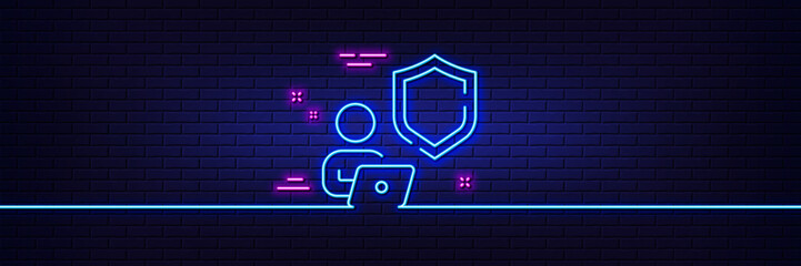 Neon light glow effect. Shield line icon. Privacy secure sign. Safe defense symbol. 3d line neon glow icon. Brick wall banner. Shield outline. Vector