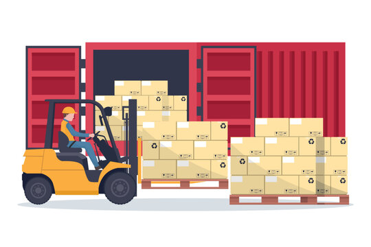 Forklift truck loading pallet with stacked boxes to a red cargo container or shipping container for storage and transportation of merchandise. Industrial storage and distribution of products