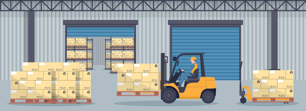 Industrial warehouse for the storage of products with industrial metal racks and shelves for pallet support. Worker driving forklift. Industrial storage and distribution of products