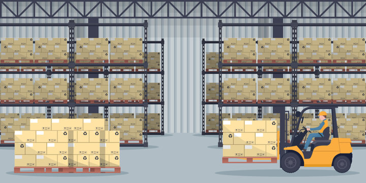 Industrial warehouse for the storage products and racks with stacked boxes. Worker driving forklift loading pallets. Industrial storage and distribution of products