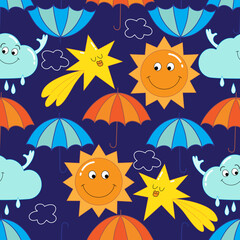 Background with funny characters. Seamless vector pattern with sun, cloud, umbrellas, and elements in a trendy retro cartoon flat style.