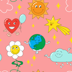 Background with funny characters. Bright seamless vector pattern with a heart, planet earth, clouds, a star, a daisy flower in a fashionable retro cartoon flat style.