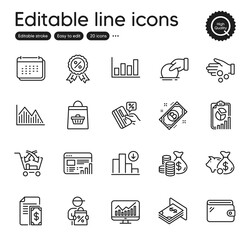 Set of Finance outline icons. Contains icons as Decreasing graph, Web report and Coins bag elements. Report diagram, Payment, Calendar web signs. Discount medal, Statistics, Donate elements. Vector