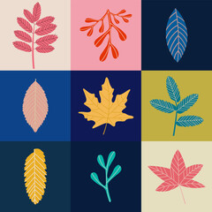 Autumn pattern with leaves on colorful squares