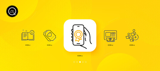 Add team, Atm and Love ticket minimal line icons. Yellow abstract background. Award app, Manual icons. For web, application, printing. Networking, Money withdraw, Heart. Vector