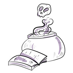 Halloween witch kettle with skull and book. Vector spooky doodle icon. Colourful illustration on white background.