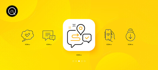 Fototapeta na wymiar Comment, Internet app and Approved minimal line icons. Yellow abstract background. Journey, Scroll down icons. For web, application, printing. Talk bubbles, Smartphone wifi, Comic message. Vector