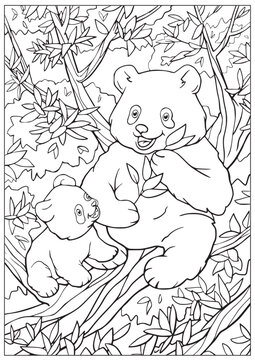 Coloring book page with cute cartoon pandas. Educational kids activity page and worksheet with little horse. Cartoon Isolated vector illustration.