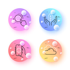 Cloudy weather, 3d app and Cogwheel settings minimal line icons. 3d spheres or balls buttons. Fair trade icons. For web, application, printing. Sky climate, 3d technology, Engineering tool. Vector