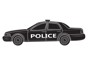 Black silhouette Vector illustration of a police car on a white background.Profile view.