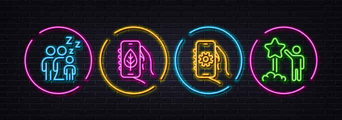 App settings, Sleep and Ecology app minimal line icons. Neon laser 3d lights. Star icons. For web, application, printing. Smartphone service, Sleeping family, Smartphone with leaf. Vector