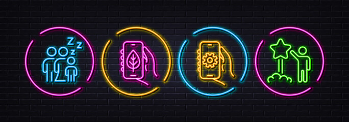 App settings, Sleep and Ecology app minimal line icons. Neon laser 3d lights. Star icons. For web, application, printing. Smartphone service, Sleeping family, Smartphone with leaf. Vector