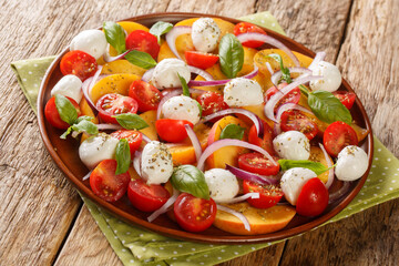 Peach tomato basil salad closeup on wooden rustic background. Horizontal