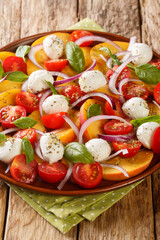 Caprese salad with peaches, mozzarella, cherry tomatoes, onions and basil close-up in a plate on a wooden table. Vertical