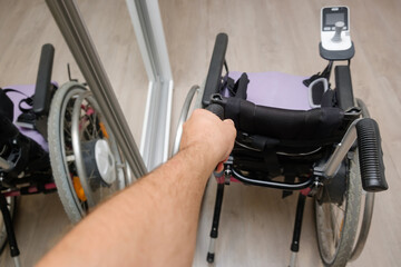 Electric wheelchair for children patient cannot walk use in home or hospital, healthy strong medical concept.	