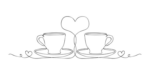 Silhouette of two tea couple with heart between them. One continuous line drawing. Mug and saucer for tea, coffee and hot drinks. Joint drinking of tea, sincere conversation, feeling of love. Sketch
