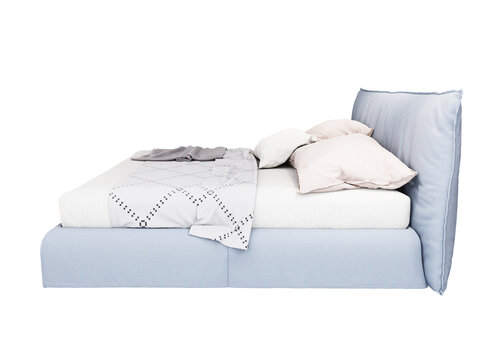3d Furniture modern blue leather double bed isolated on a white background, Decoration Design for bedroom