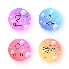 Search flight, Edit user and Station minimal line icons. 3d spheres or balls buttons. Edit person icons. For web, application, printing. Find travel, Profile data, Transit location. Vector