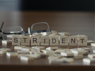 Strident word or concept represented by wooden letter tiles on a wooden table with glasses and a...