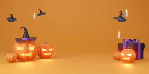 Halloween party Orange theme Background.  3d illustration orange pumpkin candle witch hat