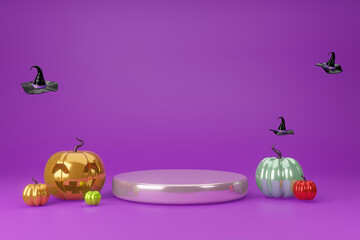 Halloween party purple metalic theme Background.  3d illustration stage podium  yellow pumpkin and witch hat