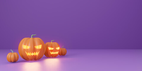Halloween party purple theme Background.  3d illustration  orange pumpkin