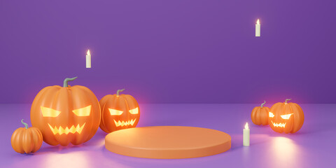 Halloween party purple theme Background.  3d illustration stage podium  orange pumpkin candle