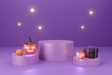 Halloween party purple theme Background.  3d illustration stage podium  orange pumpkin witch hat giftbox and glowing star