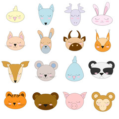 simple portraits of animals — hare, tiger, bear, , cat, , , panda, lion, dog, goat, pig. Designs for children's clothing. Hand - drawn