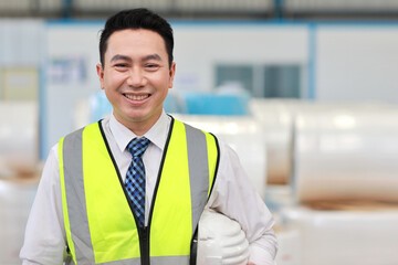 Asian engineering worker man portrait standing and holding hardhat with happy smiling face with confident and blurred large warehouse background