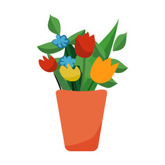 Bright flowers in a pot. Vector cartoon illustration