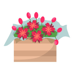 Bright flowers in a wooden box. Vector cartoon illustration