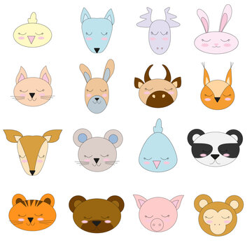 simple portraits of animals — hare, tiger, bear, , cat, , , panda, lion, dog, goat, pig. Designs for children's clothing. Hand - drawn