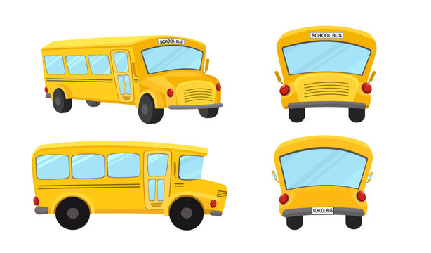 Cute yellow school bus vector illustration on white background, four vehicle auto-bus viewed from different angles, side, front and back.