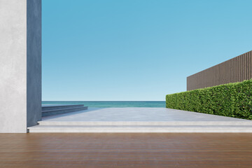 Fototapeta na wymiar Empty concrete and wooden terrace with building wall on sea background. 3d rendering.