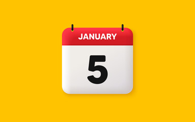 Calendar date 3d icon. 5th day of the month icon. Event schedule date. Meeting appointment time. Agenda plan, January month schedule 3d calendar and Time planner. 5th day day reminder. Vector