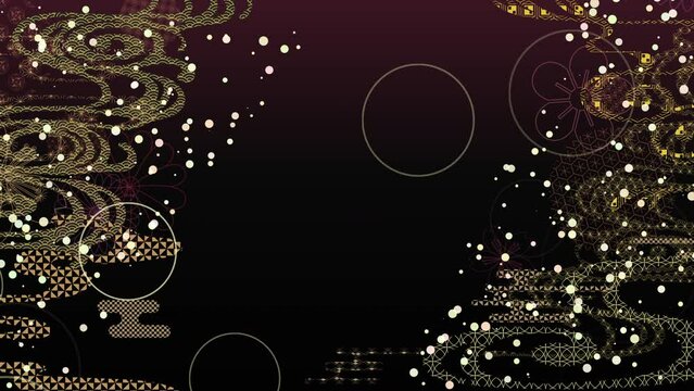日本の伝統的な揺らめく流水紋と降り注ぐ水玉模様.　黒と金色の和風模様背景. 流れる雲や花