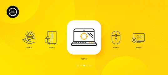 Fototapeta na wymiar Swipe up, Refrigerator and Seo laptop minimal line icons. Yellow abstract background. Skin care, Seo icons. For web, application, printing. Scrolling page, Fridge lock, Search engine. Vector