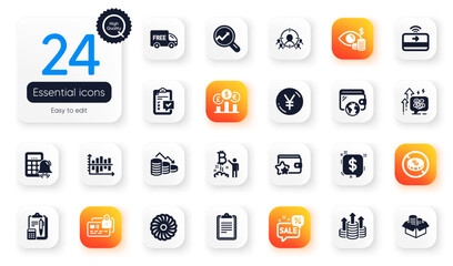 Set of Finance flat icons. Bitcoin project, Money loss and Clipboard elements for web application. No cash, Checklist, Money box icons. Contactless payment, Discounts bubble. Vector
