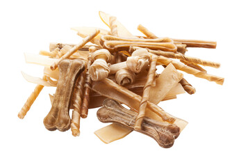 Rawhide dog chewing bones and strips assortment isolated on transparent background