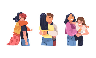 Set of young people standing together and hugging. Happy friends and romantic couples cartoon vector illustration
