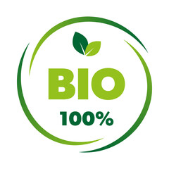 Bio 100% product label, sticker, badge and logo. Bio product icon. Logo template with green leaves for 100% bio friendly products. Vector illustration.