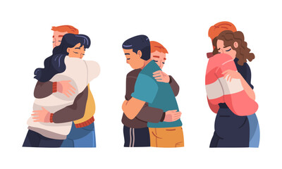 People standing together and hugging set. Friends and romantic couples cartoon vector illustration