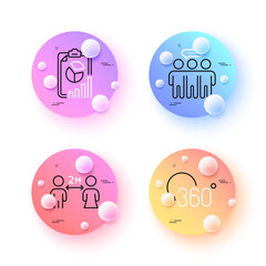 Report, Social distancing and Full rotation minimal line icons. 3d spheres or balls buttons. Employees group icons. For web, application, printing. Presentation chart, Quarantine, 360 degree. Vector