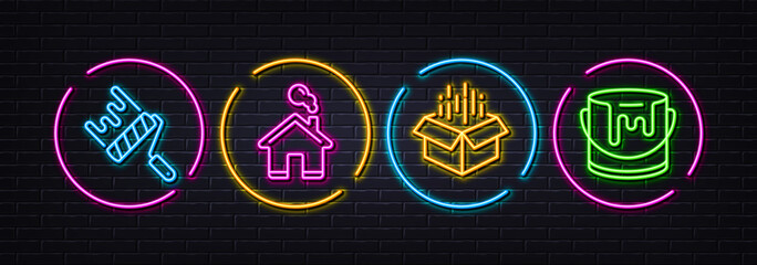 Open box, Paint roller and Home minimal line icons. Neon laser 3d lights. Paint icons. For web, application, printing. Delivery package, Painter brush, House building. Tin of dye. Vector