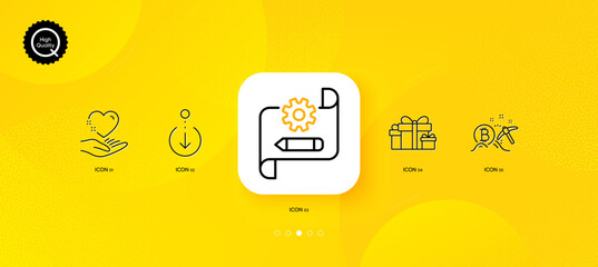 Bitcoin mining, Scroll down and Holiday presents minimal line icons. Yellow abstract background. Cogwheel blueprint, Hold heart icons. For web, application, printing. Vector