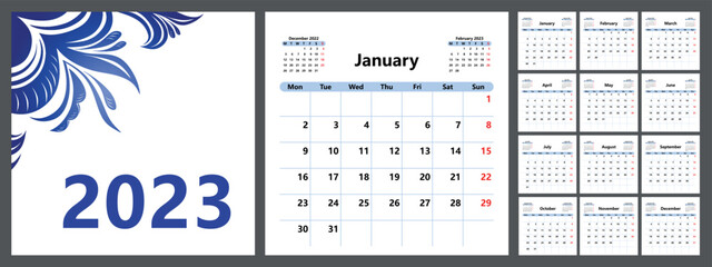 Planner calendar for 2023 with a beautiful cover, basic template. The week starts on Monday. Vector illustration