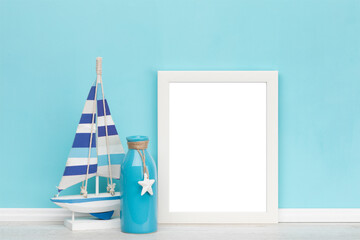Poster mockup with maritime decoration and white wooden vertical picture frame with transparent...
